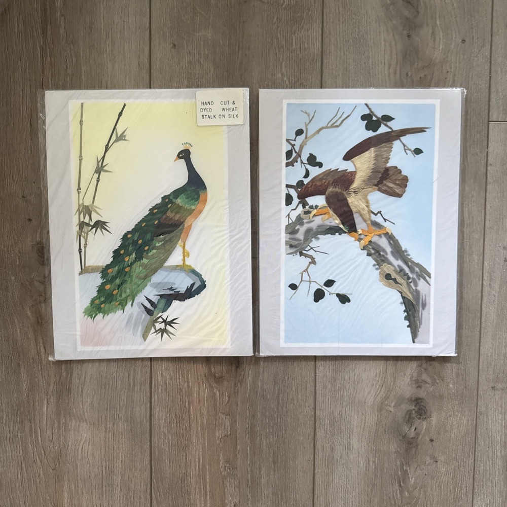 Set of 2 Bird Art  Vintage Chinese Wheat‎ Stalk on Silk  Prosperity 12" X 9"